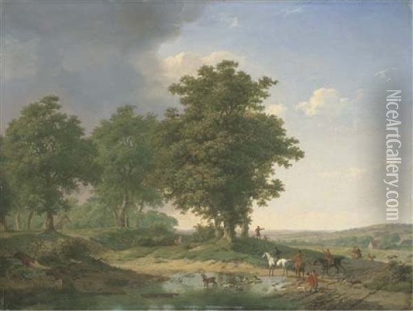 Hallali A L'etang (in Collab. W/eugene Joseph Verboeckhoven) Oil Painting - Jean-Baptiste de Jonghe