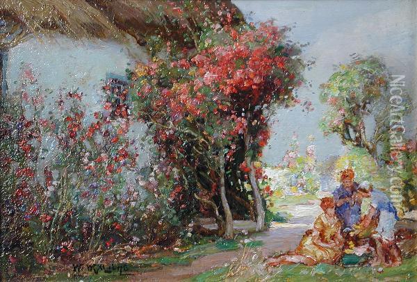 Cottage Gardens With Roses And Honeysuckle In Summer Oil Painting - William Watt Milne