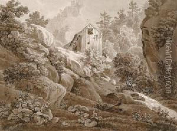 A View Of A Mill In The Mountains Oil Painting - Jacob Alt