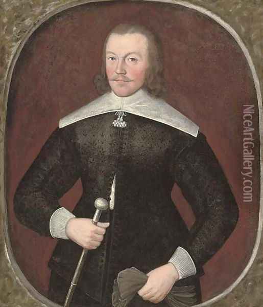 Portrait of a gentleman, aged 35, three-quarter-length, in a black jerkin and white collar and cuffs, holding a pair of gloves in his left hand Oil Painting - Johnson, Cornelius I