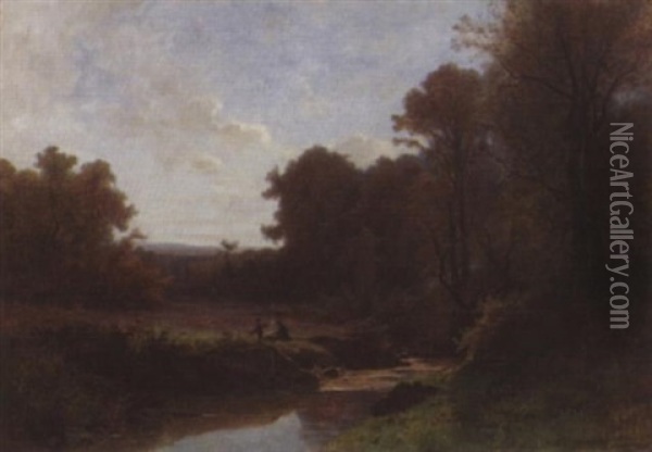 Paysage Avec Un Pere Et Un Fils Allumant Un Feu Oil Painting - Gustave Eugene Castan