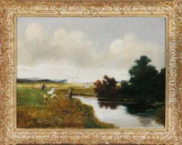 Schafer Mit Seiner Herde Am Bachlauf In Weiter Bewolkter Landschaft Oil Painting - Philip Graf