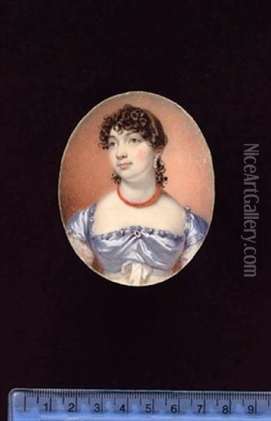 A Lady, Wearing White Dress With Pale Blue Satin Bodice And Shoulder Caps, Brooch At Her Corsage, Coral Necklace And Jewelled Drop Earring Oil Painting - William John (Sir) Newton