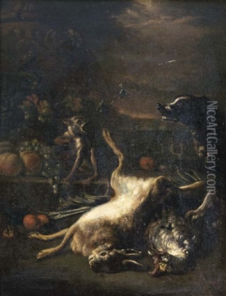 Untitled (still Life With Hound, Rabbit And Monkey) Oil Painting - Jan Fyt