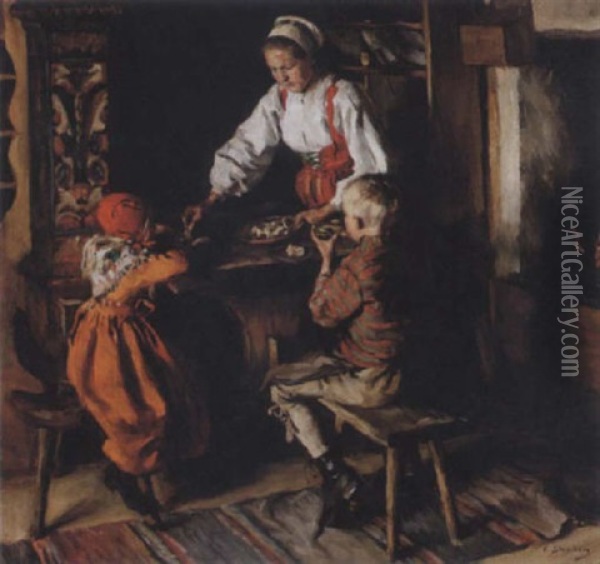 Interior Med Mor Och Barn - Motiv Fran Dalarna Oil Painting - Emerik Stenberg
