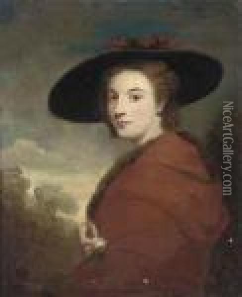 Portrait Of A Lady, Half-length,
 In A Red Fur-trimmed Cloak Andblack Hat, A Rose In Her Right Hand, In A
 Landscape Oil Painting - George Romney