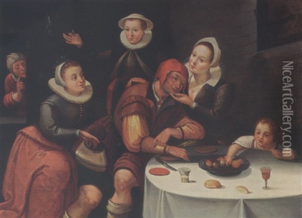 A Peasant Sitting At A Table Being Courted And Robbed By Three Young Ladies, An Old Spinster In The Background And A Boy Picking Fruit From The Table Oil Painting - Marten van Cleve the Elder