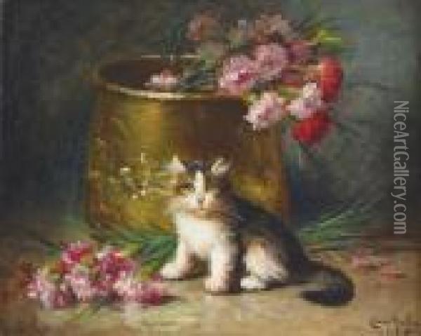 Katzchen Mit Nelken Vor Einem Messingkessel. Oil Painting - Leon Charles Huber