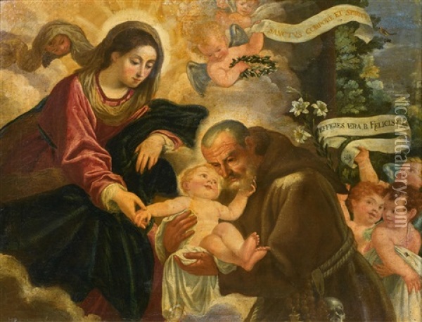 Saint Felix Recevant L'enfant Jesus Des Mains De La Vierge Oil Painting - Fra Semplice Da Verona