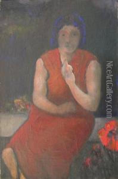 Femme En Robe Rouge Oil Painting - Adolph Peterelle