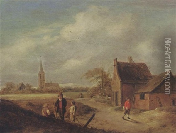 A Landscape With Travellers Resting And Figures On A Path Near A Farm, A Church Beyond Oil Painting - Nicolaes Molenaer