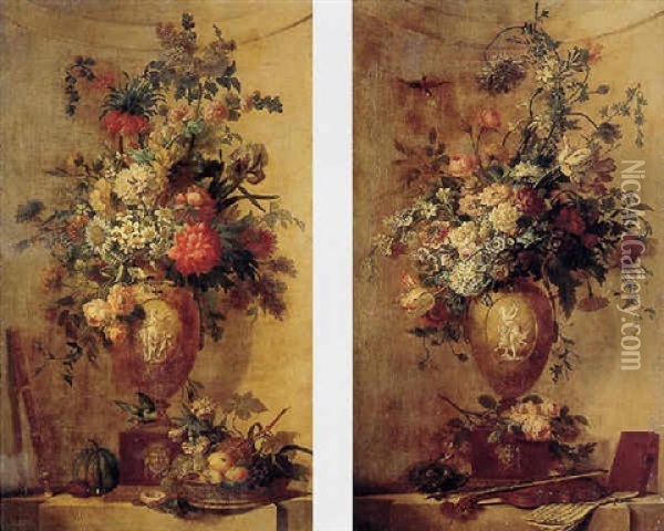 An Elaborate Still Life Of Flowers In An Urn, With A Basket Of Fruit, All Resting On A Ledge Oil Painting - Willem van Leen