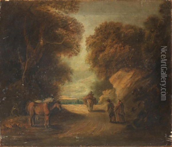 Travellers On A Country Path; And A Figure On Horseback Crossing A Stream With A Dog, A Pair Oil Painting - Thomas Barker