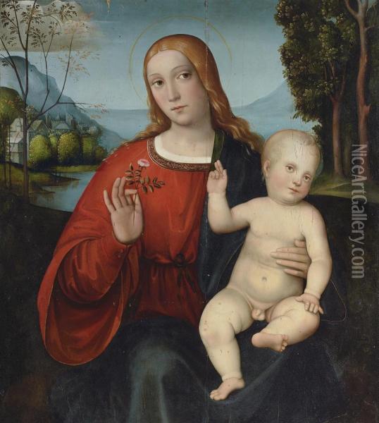 The Madonna And Child, Seen Through A Feigned Window Oil Painting - Giacomo Raibolini
