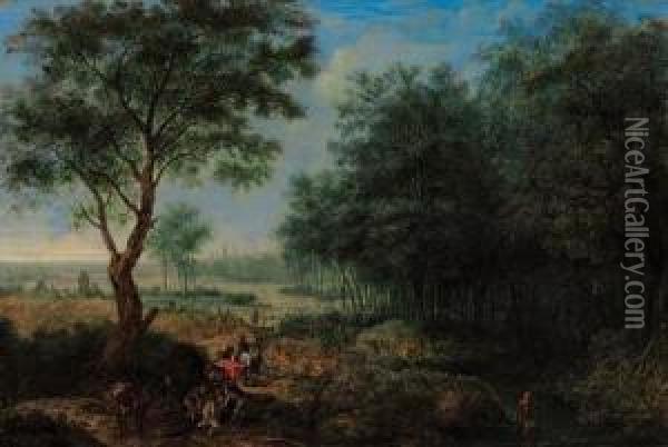 A Wooded River Landscape With Travellers Unloading A Fallenpackhorse On A Track, A Town Beyond; And A Mountain River Landscapewith Wagons And Travellers On A Track, Men Bathing Nearby Oil Painting - Josephus Vrienntt