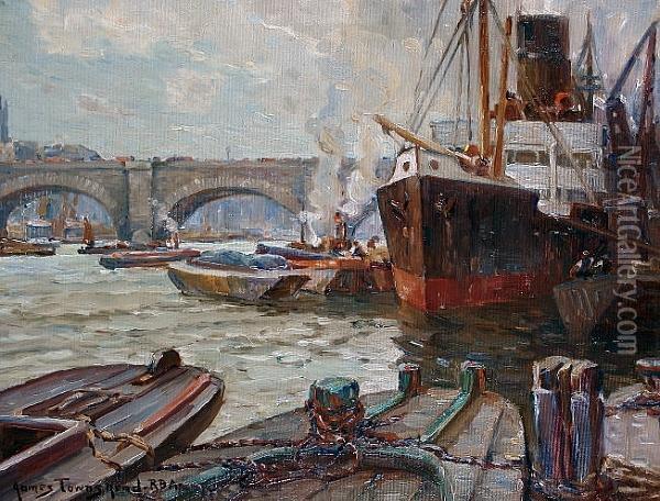 The Busy Thames At London Bridge Oil Painting - James Townshend
