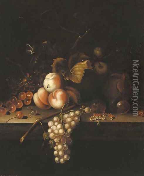 Cherries, peaches, grapes and white currants on a ledge Oil Painting - William Sartorius