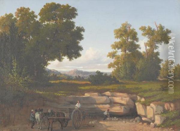 Sommerliche Landschaftspartie Mit Arbeitern Im Steinbruch. Oil Painting - Anton Bayer