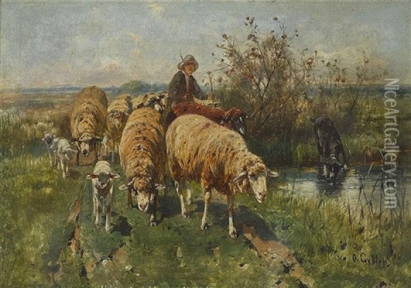 Schafherde Mit Hirt In Landschaft Oil Painting - Otto Friedrich Gebler