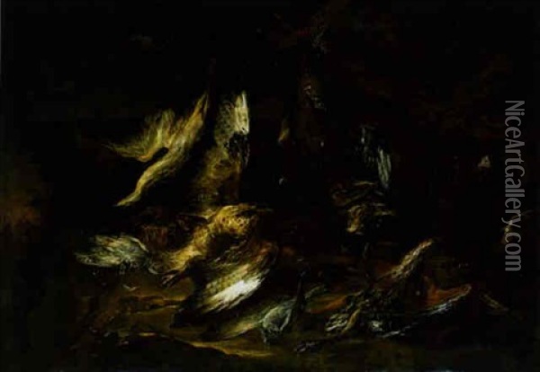 A Heron, Falcons, Duck And Other Dead Game On A Bank Beneath A Blasted Tre, Guarded By Two Hounds Oil Painting - Gaetano Cusati