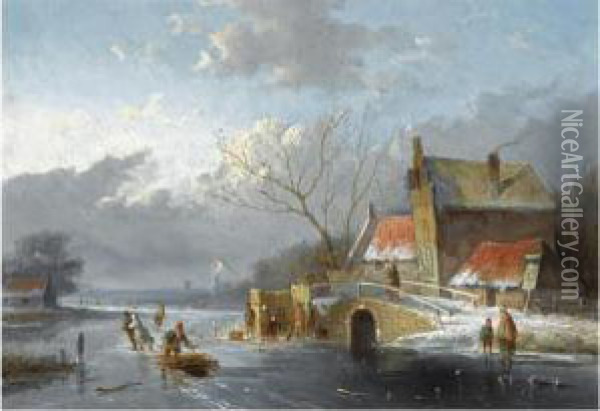 Figures On The Ice Near A 'koek En Zopie' Oil Painting - Jan Evert Morel