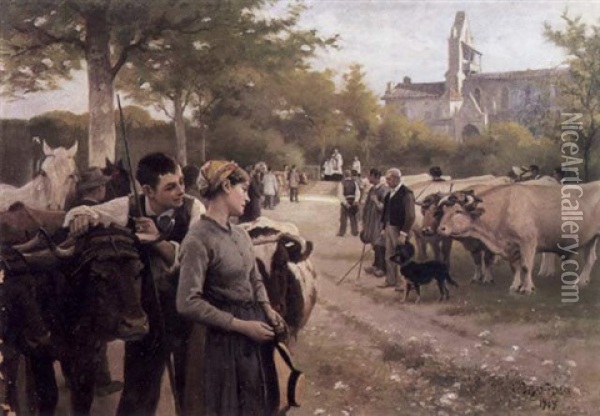 La Saint Roch, Benediction Des Animaux Oil Painting - Edouard Bernard Debat-Ponsan