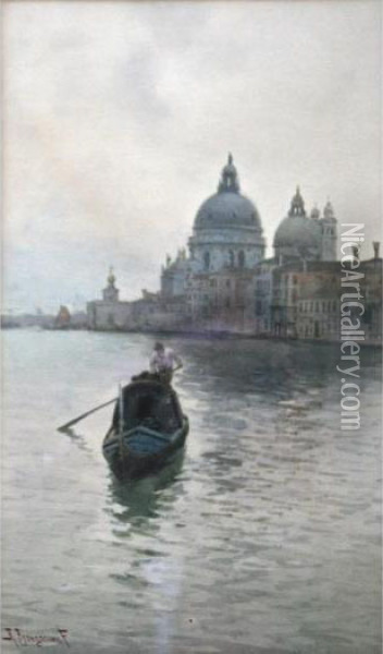 A Gondolier Near The S.maria Della Salute, Venice Oil Painting - Alberto Prosdocimi