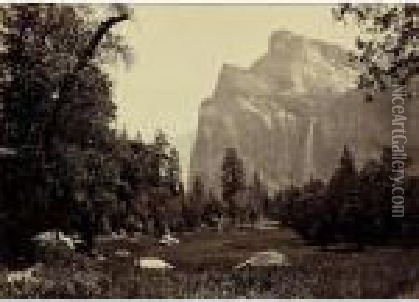 Bridal Veil, From The Black Spring Yosemite Oil Painting - Carleton E. Watkins