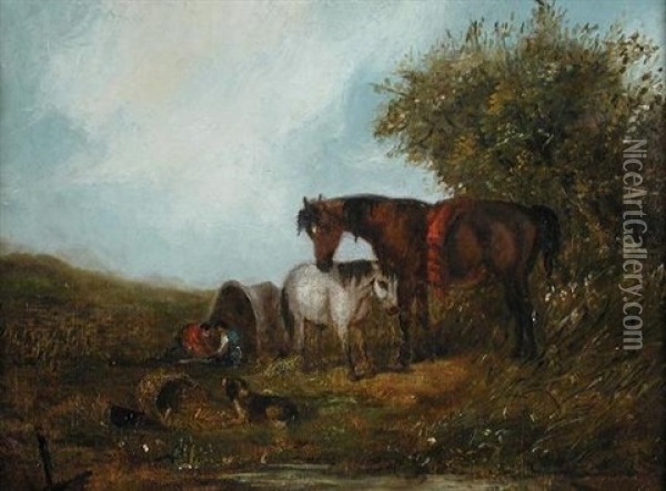 A Gypsy Encampment With A Bay And A Grey Pony, A Spaniel Alongside Oil Painting - John Duvall