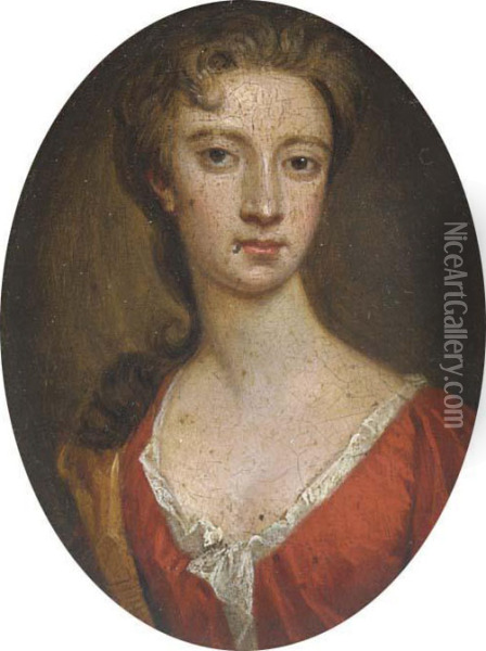 A Young Lady, In Scarlet Dress With White Underslip, Fairhair Oil Painting - Sir Godfrey Kneller