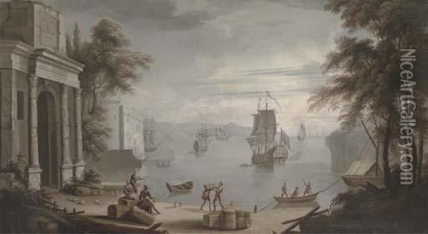 A Mediterranean Coastal Harbour,
 A Man'-o-war And Other Shipping With Figures On The Shore By Classical 
Buildings Oil Painting - Claude-joseph Vernet