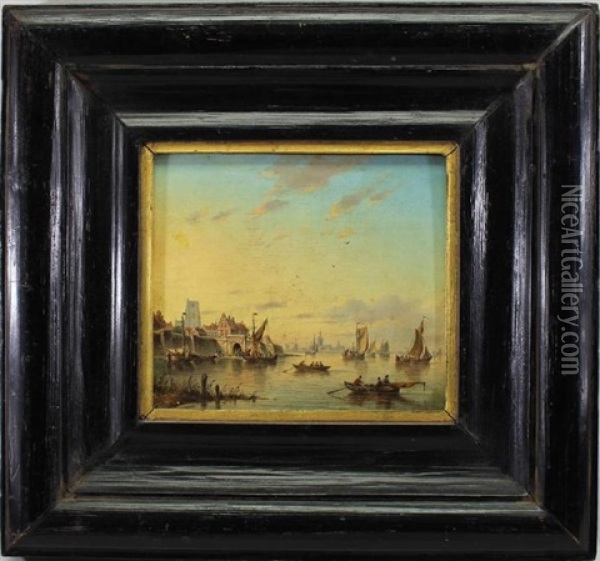 A Busy Dutch Harbor Scene Oil Painting - Petrus Augustus Beretta