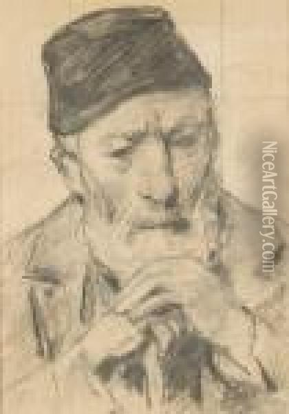 Portrat Eines Alten Mannes Mit Stock Und Mutze Oil Painting - Albert Anker