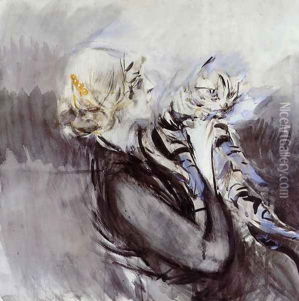 A Lady With A Cat Oil Painting - Giovanni Boldini