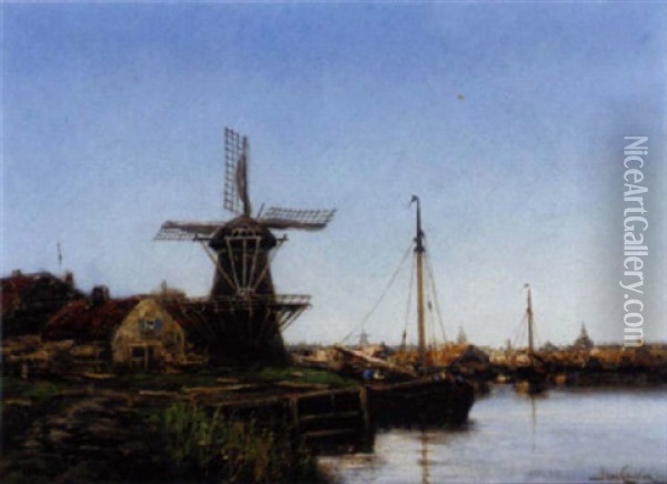A Barge Moored By A Windmill Before A Dutch Town Oil Painting - Hermanus Koekkoek the Younger