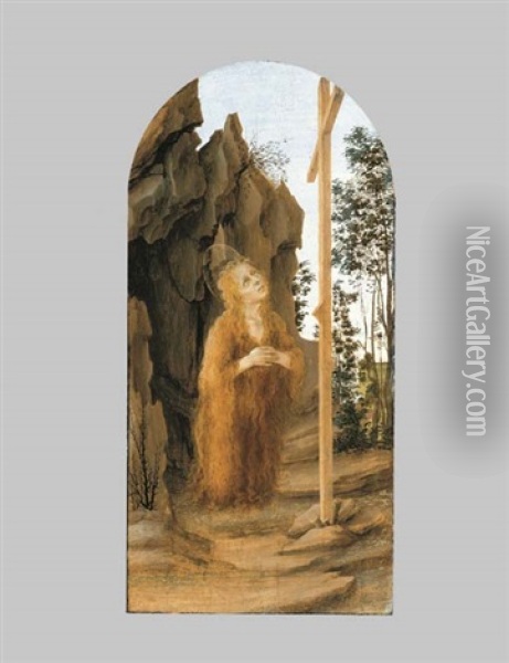 The Penitent Mary Magdalen Adoring The True Cross In A Rocky Landscape Oil Painting - Filippo (Filippino) Lippi