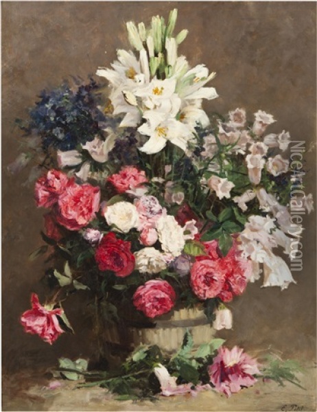 A Bouquet Of Roses And Lilies Oil Painting - Eugene Petit