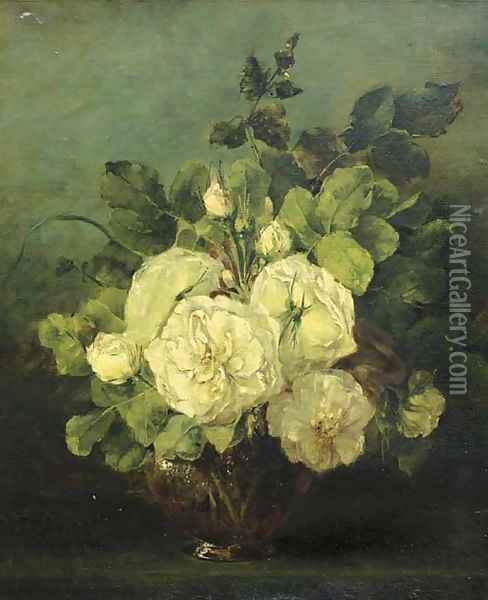 White roses in a glass vase Oil Painting - Adrienne J. Van Hogendorp-S'Jacob