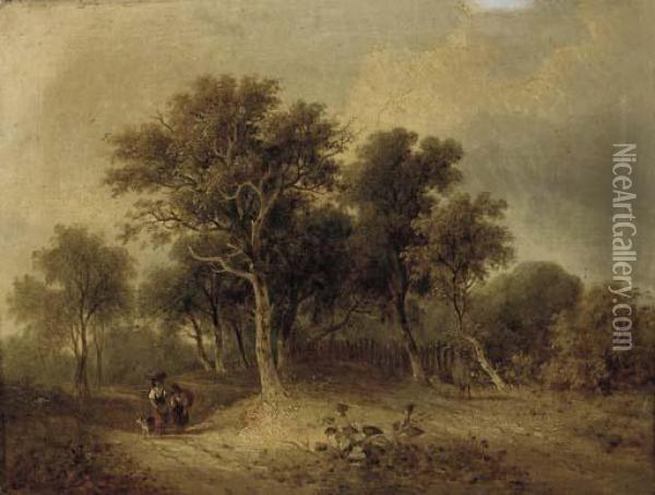 Travellers On A Wooded Track Oil Painting - James Stark