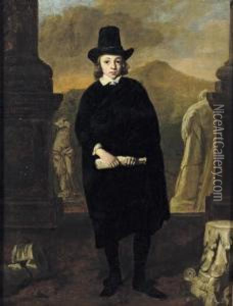 Portrait Of A Young Man, 
Full-length, In A Black Costume And Hat, Standing Amongst Classical 
Sulpture, A Landscape Beyond Oil Painting - Thomas De Keyser