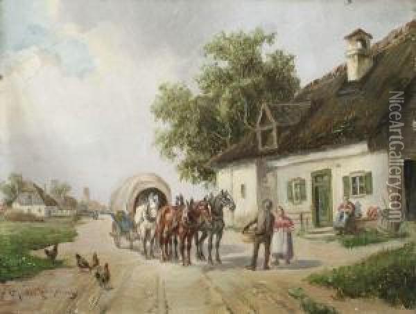 Haltender Planwagen Auf Einer Dorfstrasse Oil Painting - Ludwig Muller-Cornelius