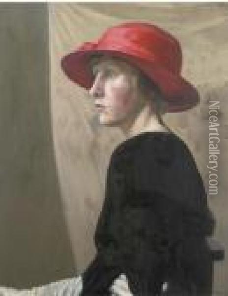 Woman In A Red Hat Oil Painting - Hilda Carline