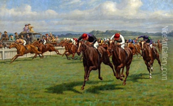The Stewards' Cup, Goodwood - Nearing The Finish Line Oil Painting - William Hounsom Byles
