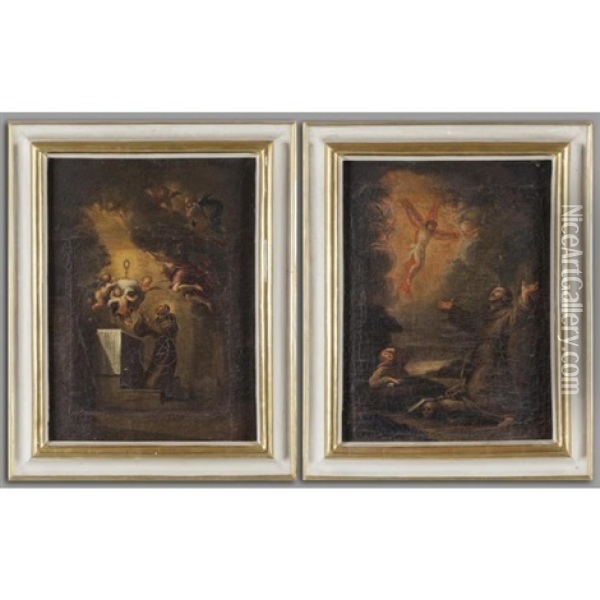 Il Crocefisso Appare A Sant Antonio; Sant Antonio E Leucarestia Oil Painting - Giovanni Raffaele Badaracco