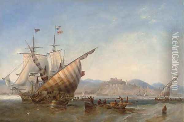 A British frigate and Mediterranean xebecs off Sidon, Lebanon Oil Painting - James Wilson Carmichael