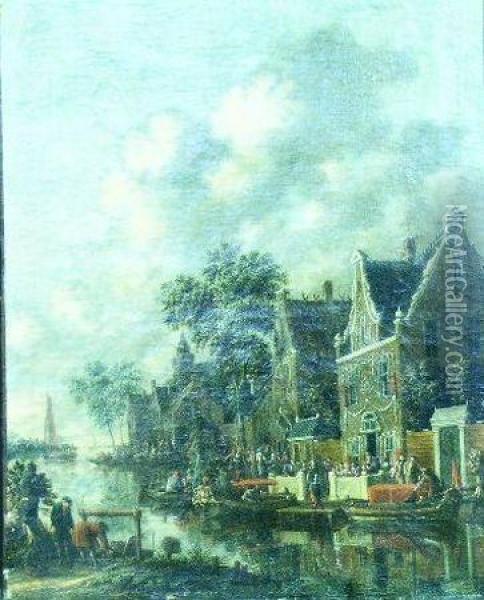 Boating Parties Along A Canal Oil Painting - Thomas Heeremans