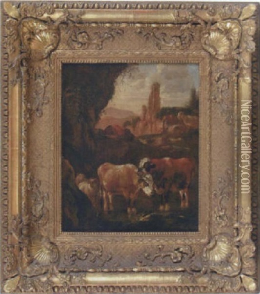 Sovande Herde Med Kor Och Far Oil Painting - Johann Heinrich Roos