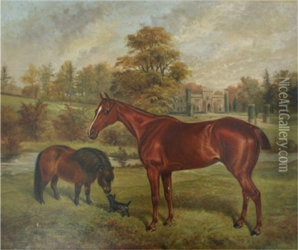 A Bay Hunter With A Pony And A Terrier In A Park By A 