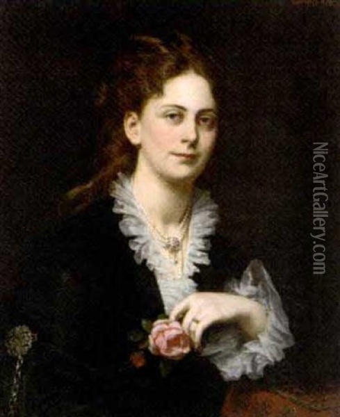 Portrait Of Antoine Freifrau Von Doblhoff Holding A Rose Oil Painting - Karl von Blaas