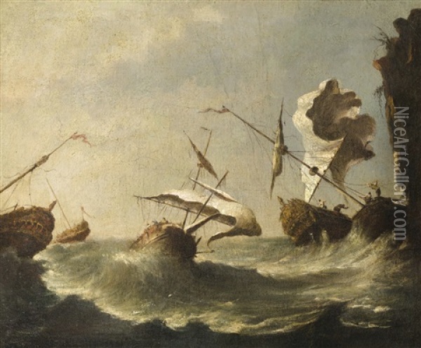 Navires Dans La Tempete Oil Painting - Matthieu Van Plattenberg